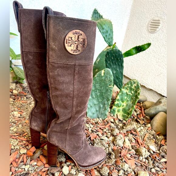 Tory Burch Y2K Brown Suede Leather Claudia Heeled Lug Sole Knee Boots Size 6 - Picture 1 of 10